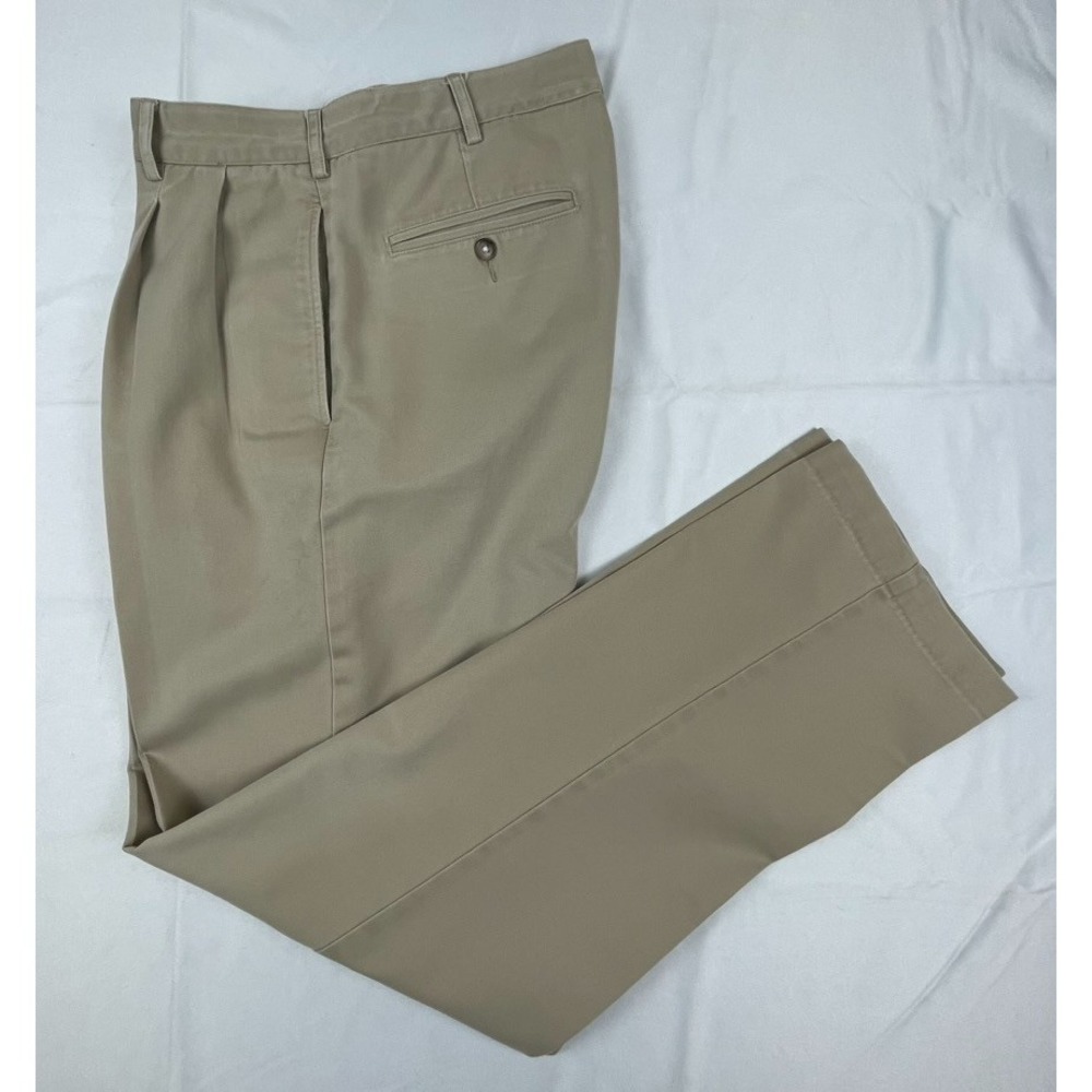 LANDS END TRADITIONAL FIT MENS KHAKI PLEATED CHINO PANTS SIZE 33 BEIGE COTTON